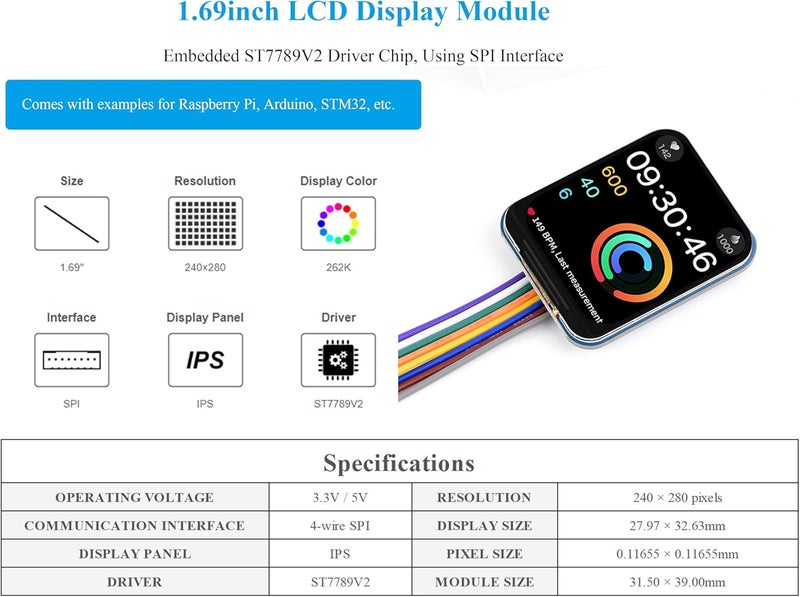 UBEEKOO وحدة عرض LCD بحجم 1.69 بوصة، لوحة عرض IPS متوافقة مع Raspberry Pi 5/4B/3B+/3B/2B/Zero W/WH/Zero 2 W/Arduino/STM32، شريحة تشغيل مدمجة ST7789V2، واجهة SPI - Image 3